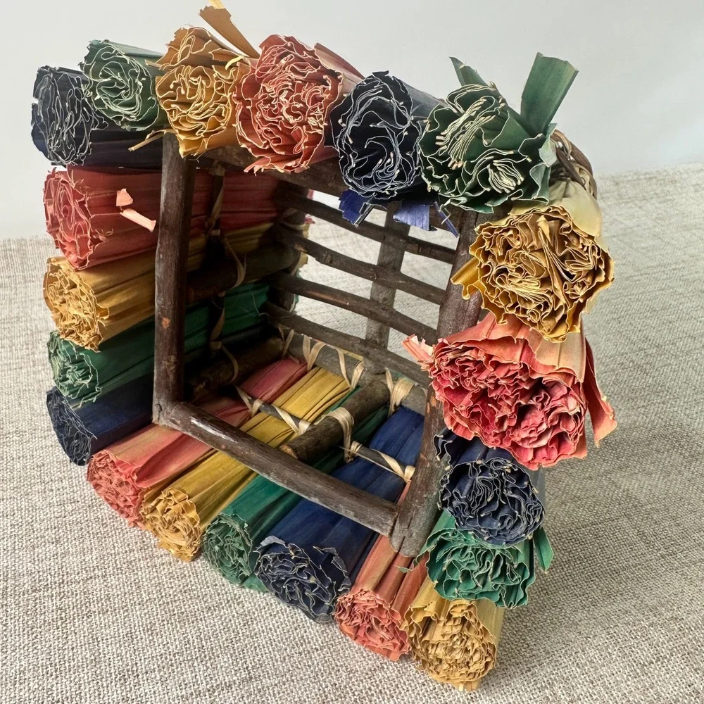 Handmade Woven Twig Planter Cachepot w/ Colorful Palm Leaf Accents